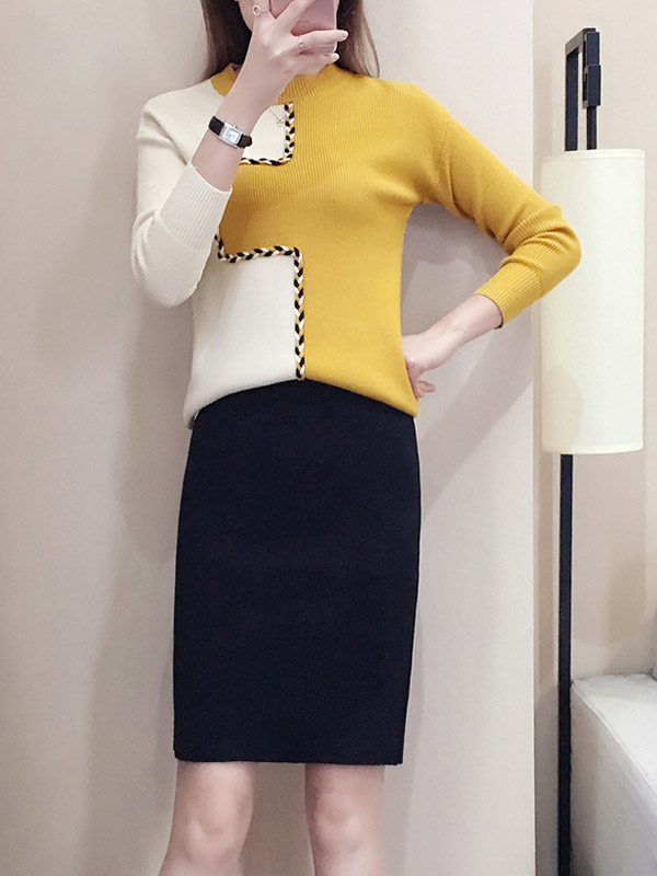 Color Block Knit Top in White & Yellow with Pencil Skirt