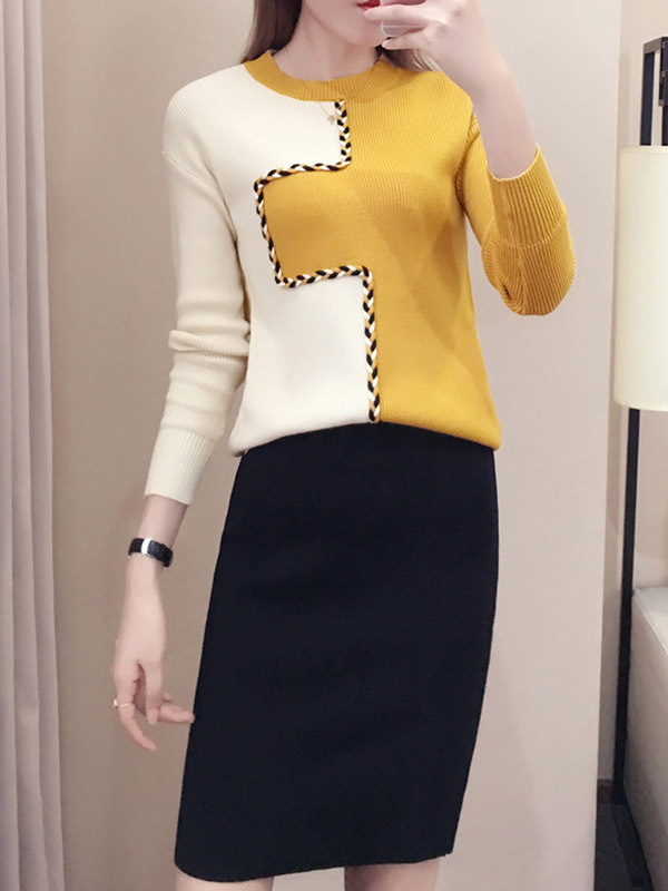 Color Block Knit Top in White & Yellow with Pencil Skirt