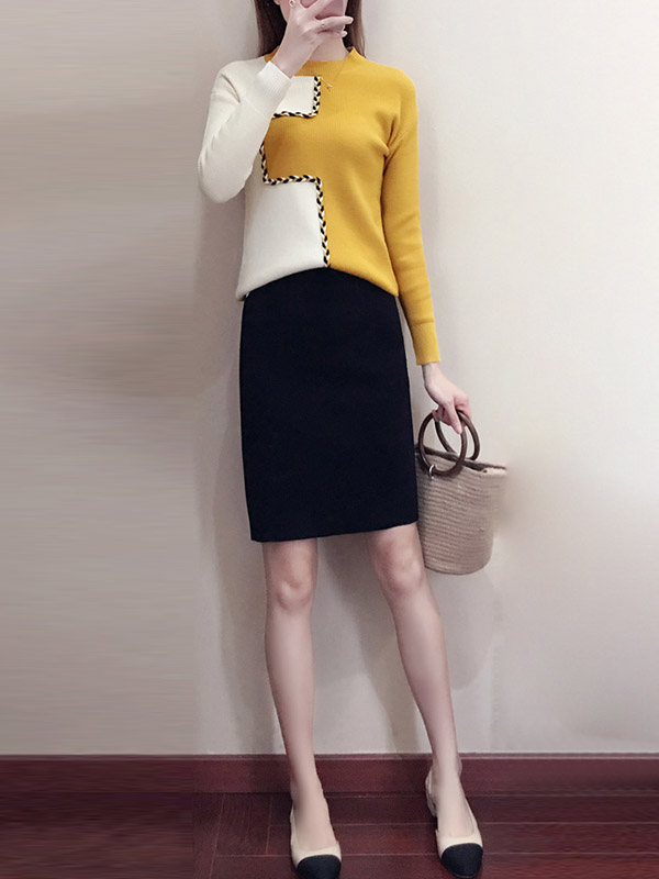 Color Block Knit Top in White & Yellow with Pencil Skirt