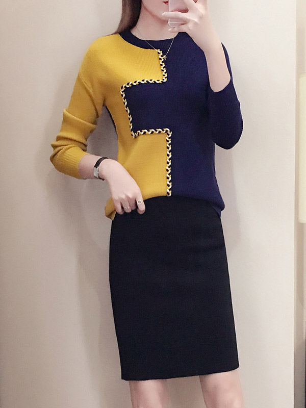 Color Block Knit Top in Yellow & Navy Blue with Pencil Skirt