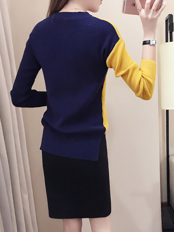 Color Block Knit Top in Yellow & Navy Blue with Pencil Skirt