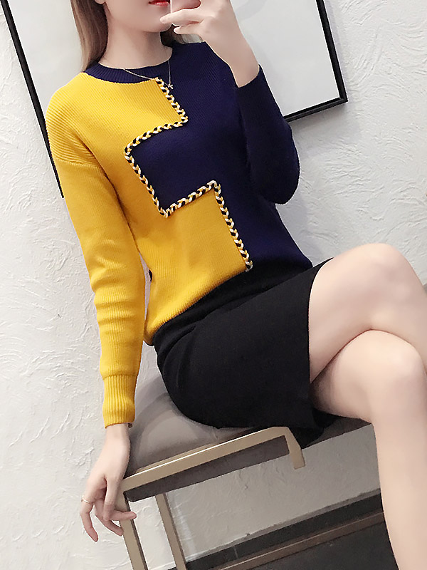 Color Block Knit Top in Yellow & Navy Blue with Pencil Skirt