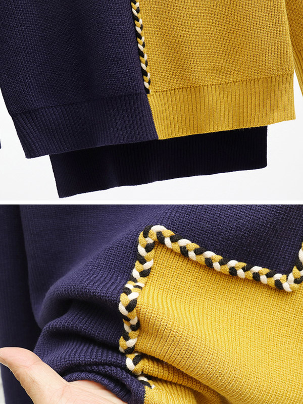 Color Block Knit Top in Yellow & Navy Blue with Pencil Skirt