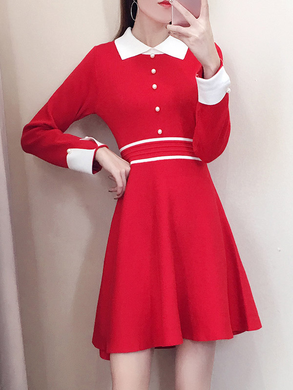 Red Round Neck Knitted Dress with Faux Pearl Button