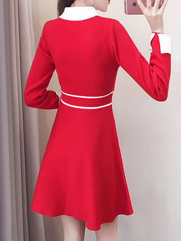 Red Round Neck Knitted Dress with Faux Pearl Button