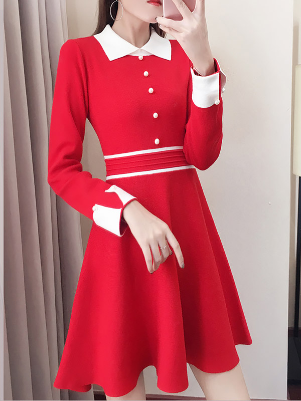 Red Round Neck Knitted Dress with Faux Pearl Button