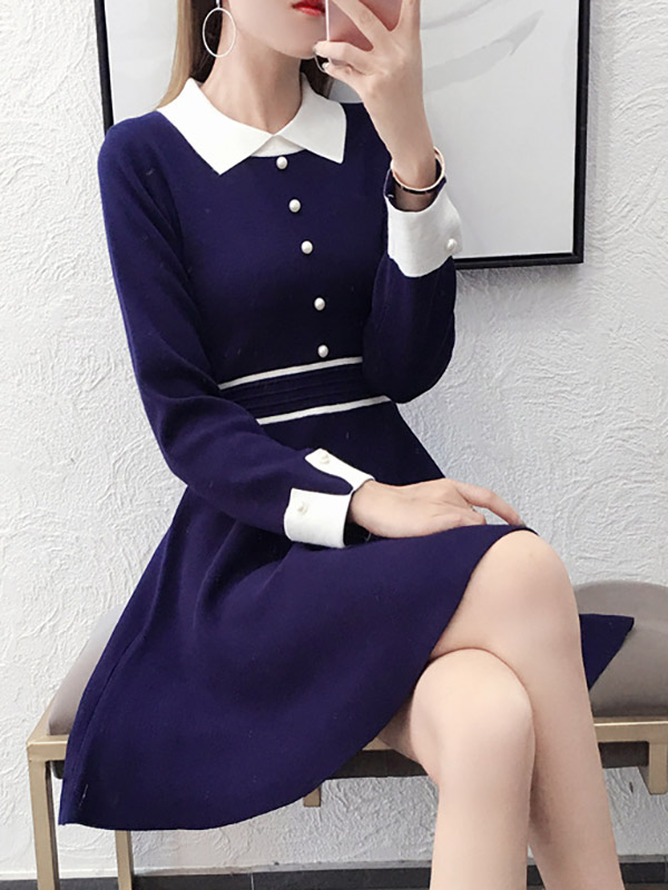 Navy Blue Round Neck Knitted Dress with Faux Pearl Button