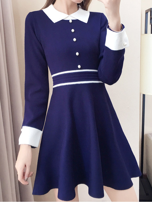 Navy Blue Round Neck Knitted Dress with Faux Pearl Button