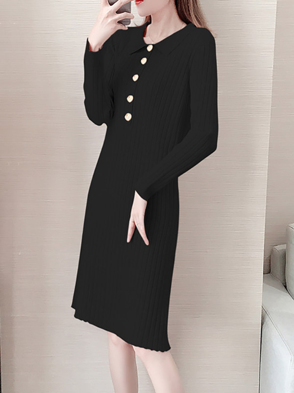 Black Ponit Collar Knitted Dress with Button Decoration