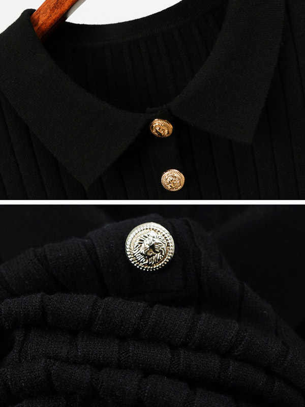 Black Ponit Collar Knitted Dress with Button Decoration