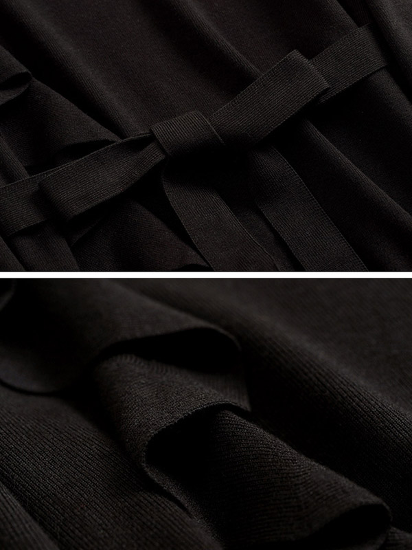 Black Round Neck Knit Dress in Ruffle Detail