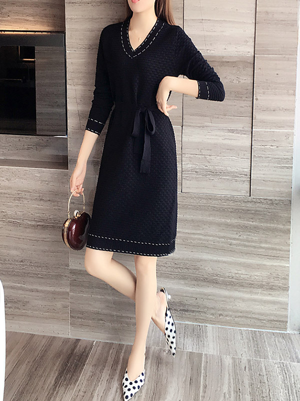 Black V- Neck Tie Waist Knit Dress 