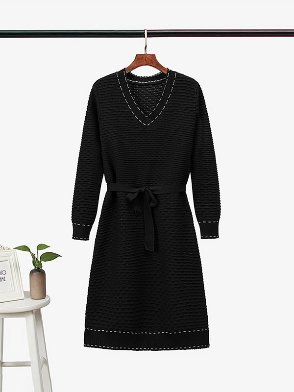 Black V- Neck Tie Waist Knit Dress 