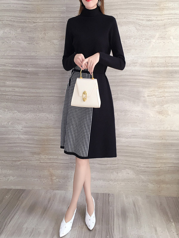 Black High Neck Knit Dress with Check Stitch