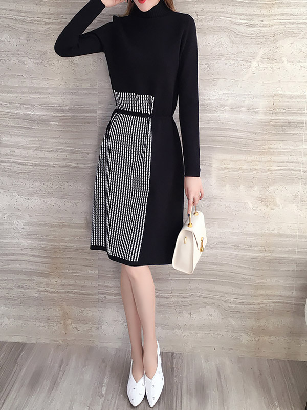 Black High Neck Knit Dress with Check Stitch