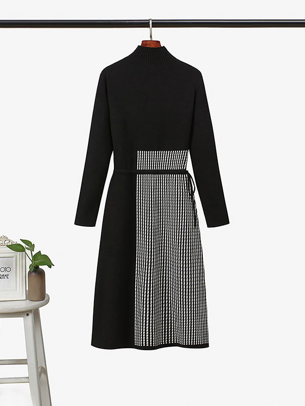 Black High Neck Knit Dress with Check Stitch