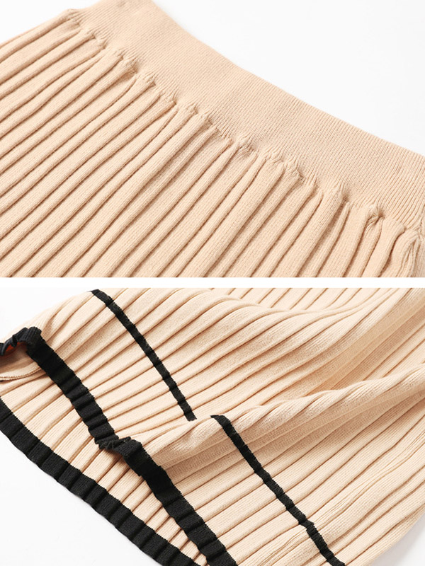 Apricot V-Neck Knit Top with Pleated Skirt