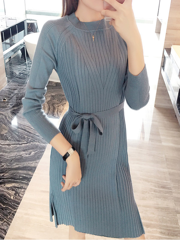 Blue Crew Neck Midi Dress with Side Split