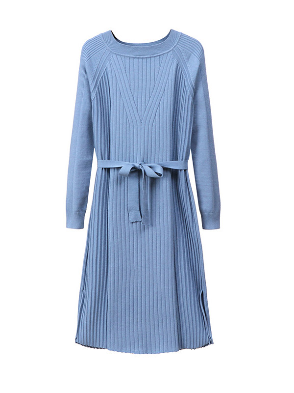 Blue Crew Neck Midi Dress with Side Split