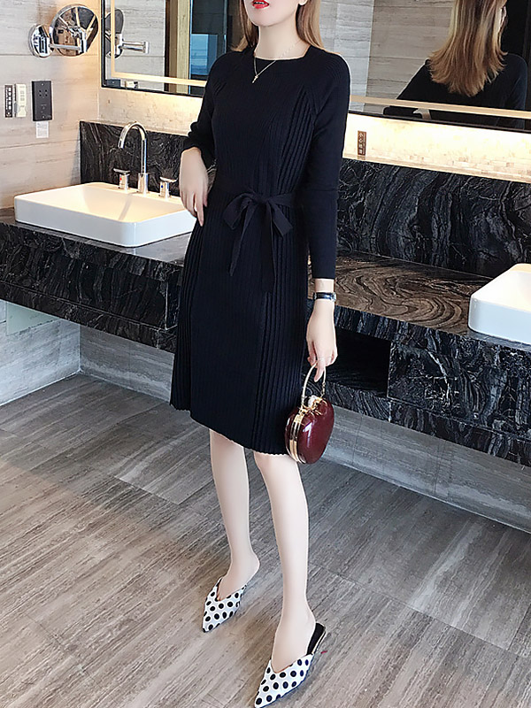 Black Crew Neck Midi Dress with Side Split