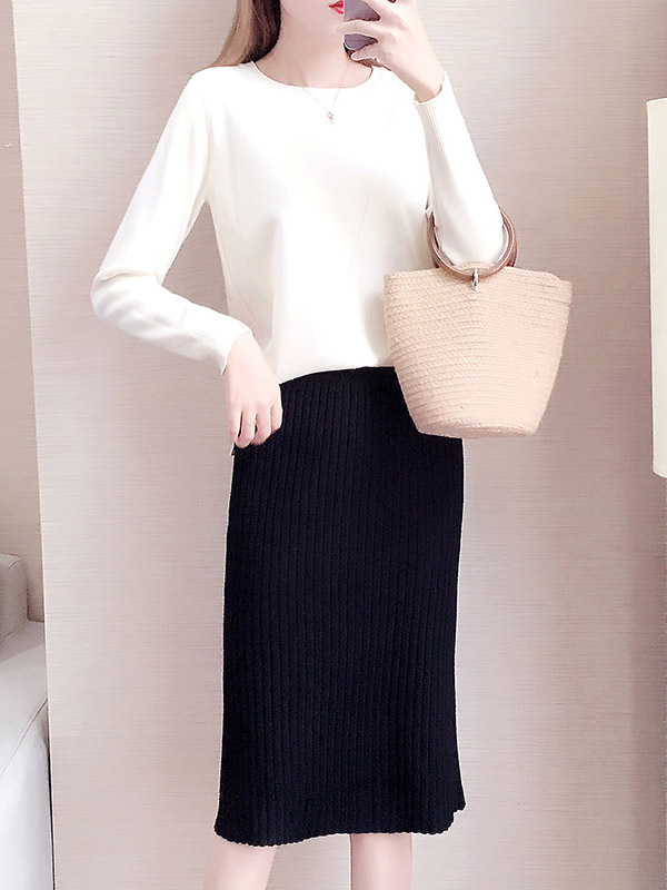 White Round Neck Sweater & Ribbed Pencil Skirt