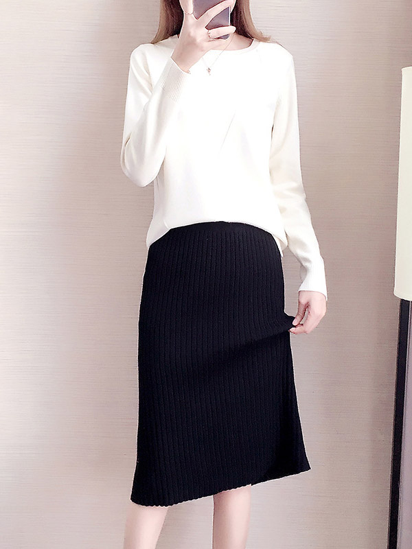 White Round Neck Sweater & Ribbed Pencil Skirt