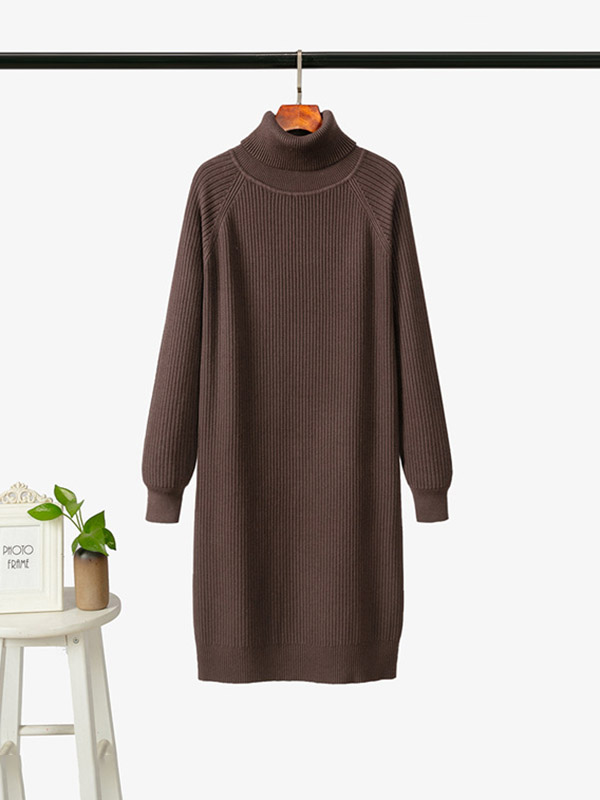 Brown Roll Neck Ribbed Shift Knitted Dress