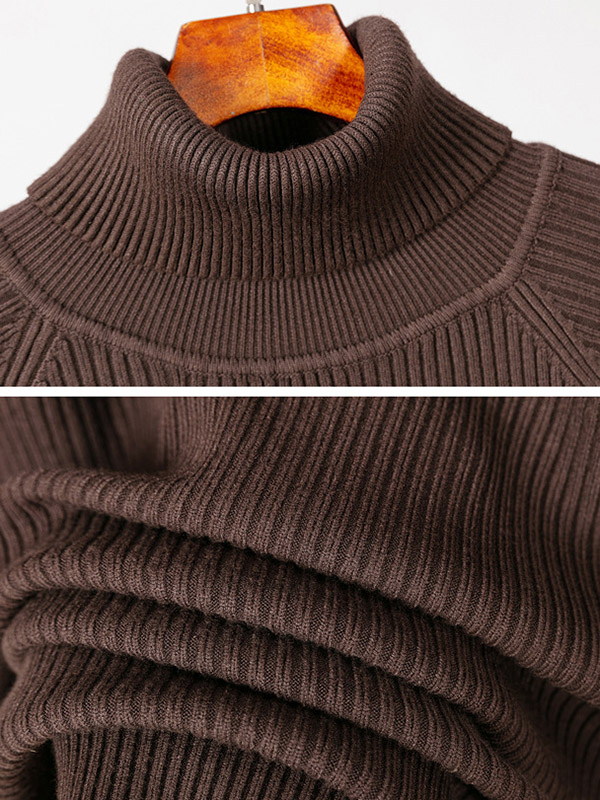 Brown Roll Neck Ribbed Shift Knitted Dress