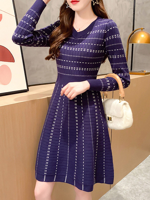 Navy Blue Striped Knitted Dress