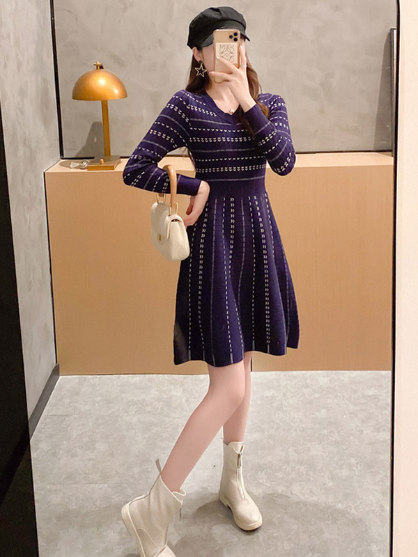 Navy Blue Striped Knitted Dress