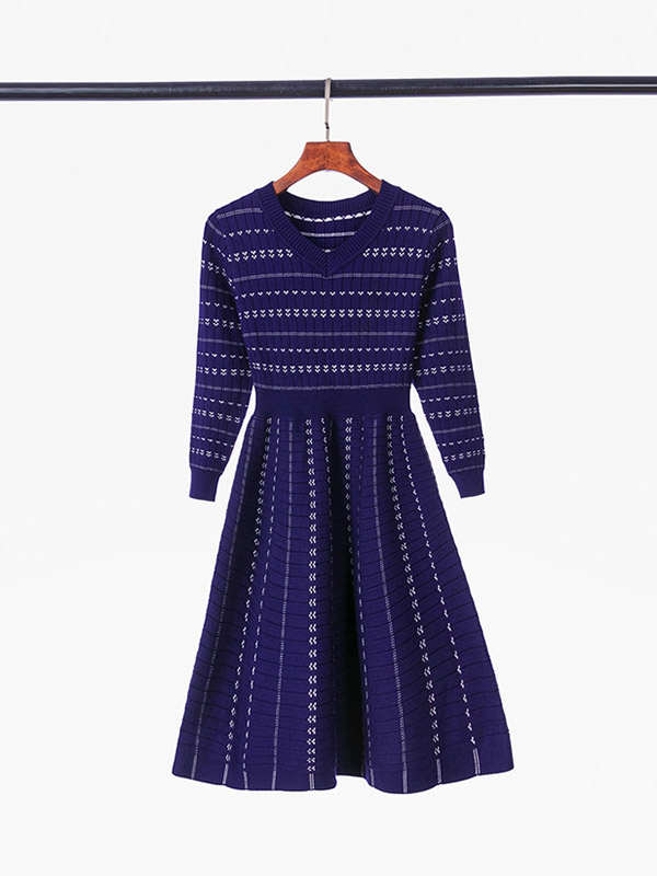 Navy Blue Striped Knitted Dress