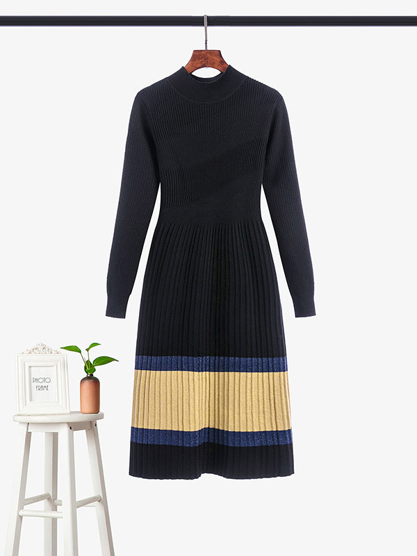 Black Striped Knitted Midi Dress