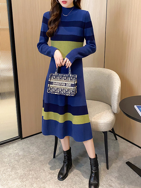 Dark Blue Striped Knitted Midi Dress in Color Block