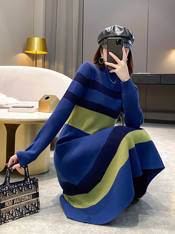 Dark Blue Striped Knitted Midi Dress in Color Block