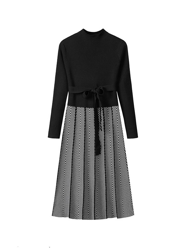 Black Striped Knitted Pleated Midi Dress