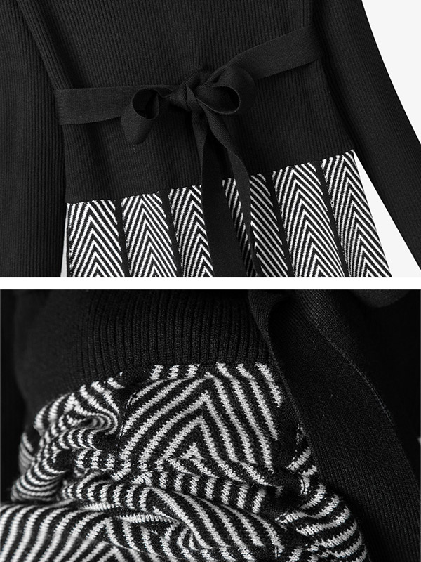 Black Striped Knitted Pleated Midi Dress