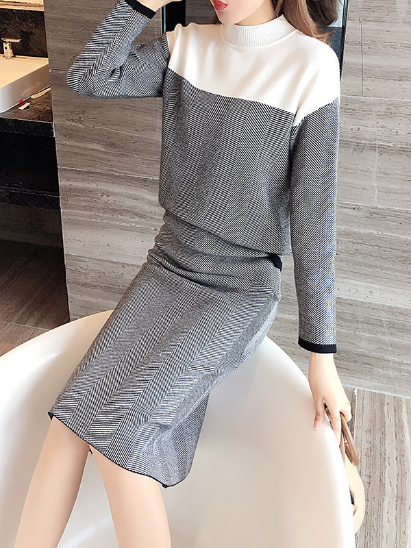 Grey Striped Knitted Top and Pencil Skirt