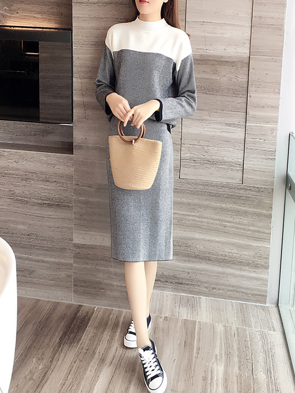 Grey Striped Knitted Top and Pencil Skirt