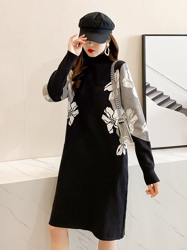 Black Flower Patterned Knitted Midi Dress