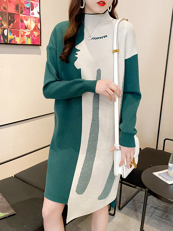 Green Color Block Knitted Midi Dress