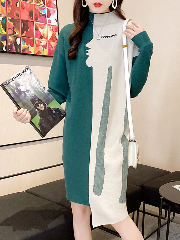 Green Color Block Knitted Midi Dress