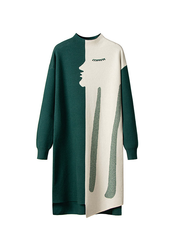 Green Color Block Knitted Midi Dress