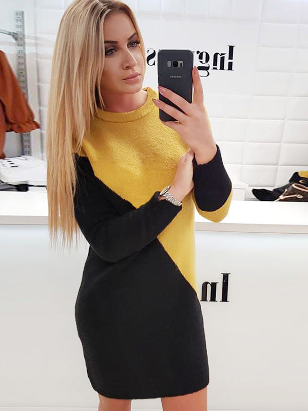 Black & Yellow Color Block Knitted Mini Dress