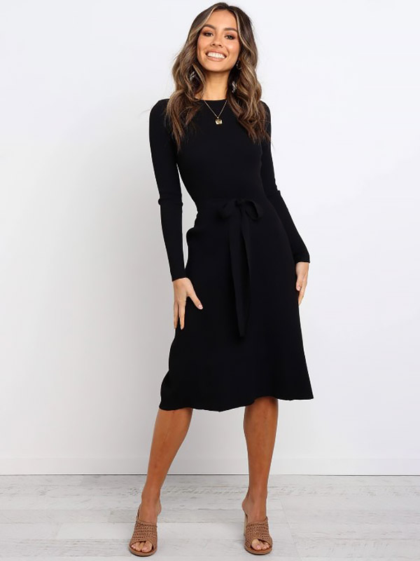 Black Round Neck Tie Waist Knitted Dress