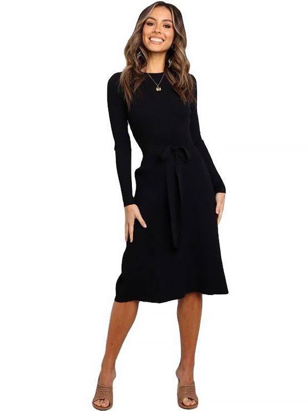 Black Round Neck Tie Waist Knitted Dress