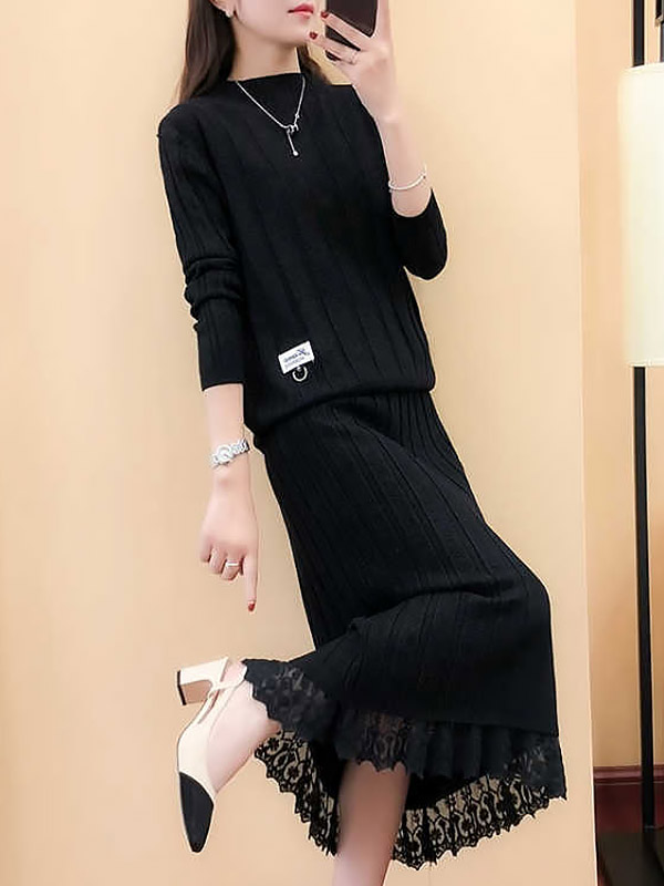 Black Stand Collar Knitted Top and Skirt in Lace Trim