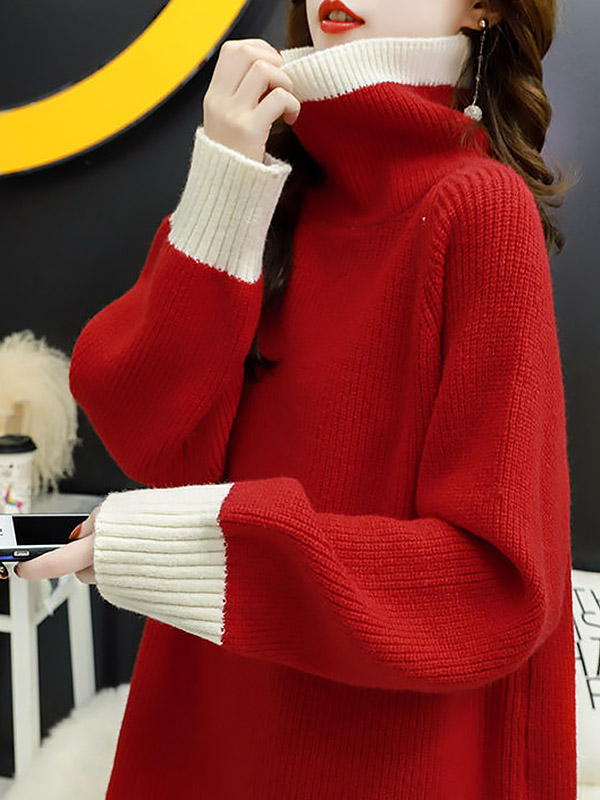 Red Color Block Loose Sweater