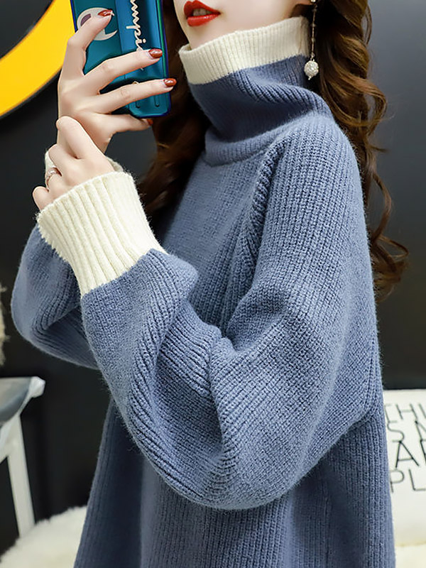 Blue Color Block Loose Sweater