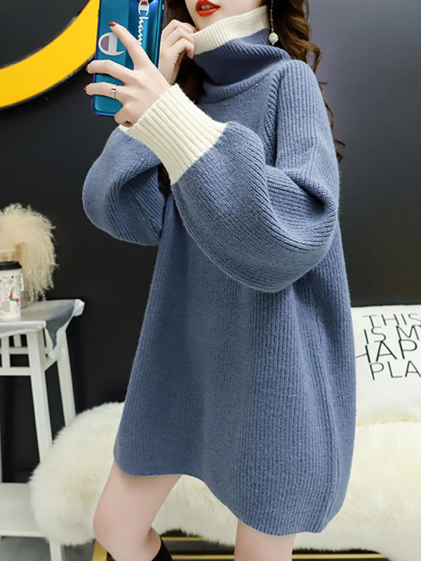 Blue Color Block Loose Sweater