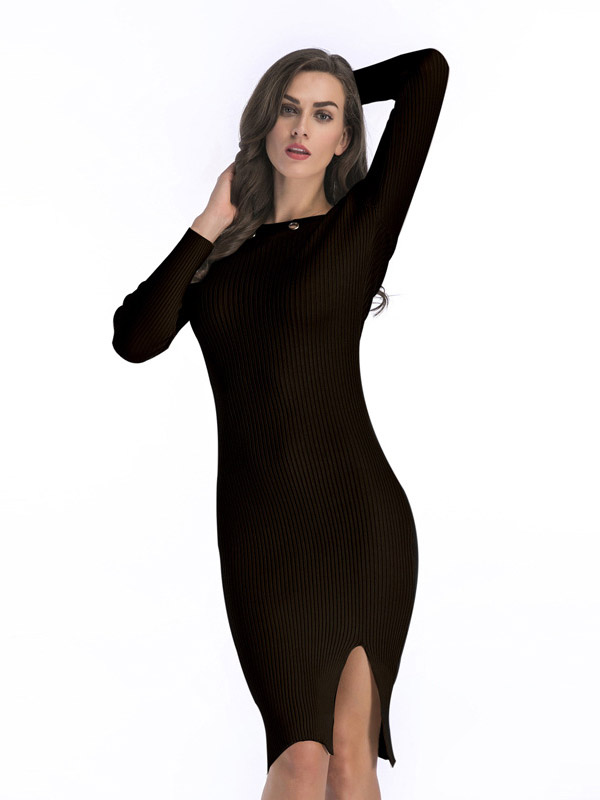 Black Boat Neck Ribbed Style Split Dress